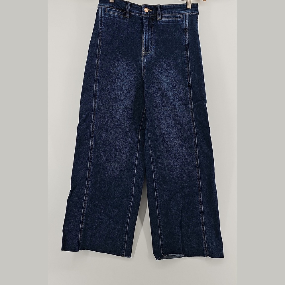 Express Women Jeans Denim Dark Acid Wash 8 High Rise Wide Leg Seam Detail